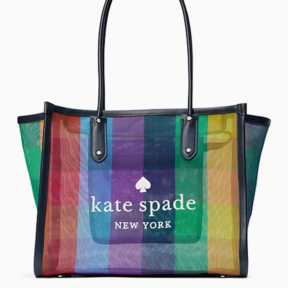Kate spade xl pride collection tote multi color blue yellow green rainbow mesh